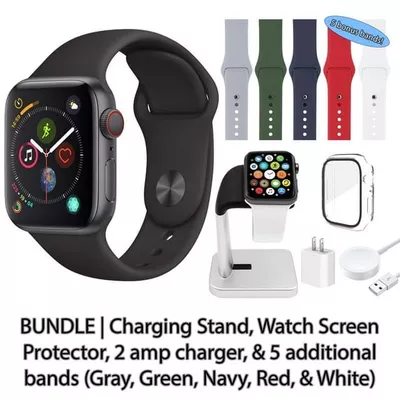 Restored Apple Watch Series 4 (GPS, 44 mm) Space Gray Aluminum Case with Black Sport Band Bundle 5 Bonus Bands, Charging Stand, Screen Protector, & 2 amp charger (Refurbished)