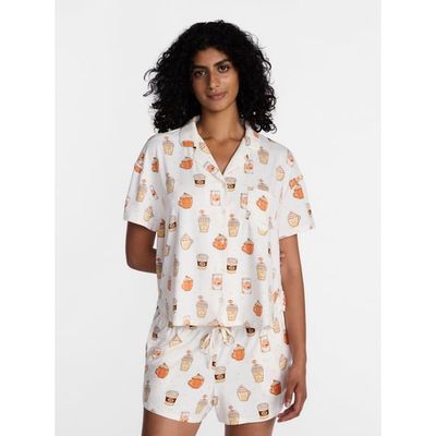 Way To Celebrate Women's Halloween Notched Top and Shorts Pajama Set, 2-Piece, Winter White Coffee, XS