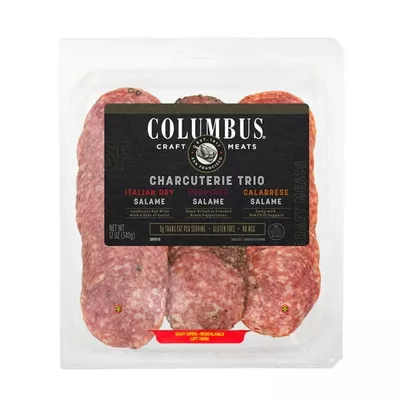 COLUMBUS, Salami Trio, Refrigerated Sliced Charcuterie Meat, 6 grams of Protein Per 1 oz Serving, 12 oz Plastic Tray