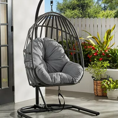 Mainstays Outdoor Wicker Patio Hanging Egg Chair, Gray