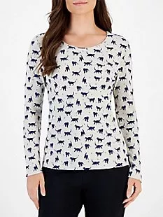 Petite Shadow Play Cat-Print Long-Sleeve Scoopneck Top