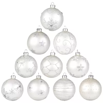 Julekugle m/glimmer, Ø8 cm, hvid, assorteret