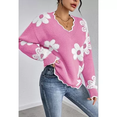 NACOjama Womens Long Sleeve Sweater V Neck Casual Loose Knit Top Pink 2XL
