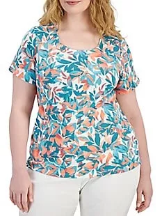 Plus Foliage-Print Short-Sleeve Top