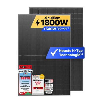 Solakon Solarmodul 450W, N-Type bifaziales monokristallines Glas-Glas Solarpanel, 40v Photovoltaik Solarmodule/Solar Module für Balkonkraftwerk/Solaranlage, Solar Panel für Photovoltaik Komplettanlage (4 Stk)