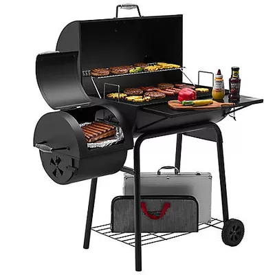 Royal Gourmet Barrel Charcoal Grill with Offset Smoker and Front and Bottom Shelves, 811 sq. in., Black
