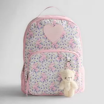 madden girl Floral Bow Print Backpack With Teddy Bear Keychain