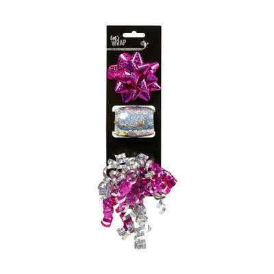 Bow w/ Curly + Ribbon PNK 3PK