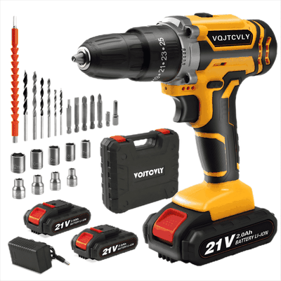 VQJTCVLY Cordless Drill, 21V Power Drill Set with 2Ah Battery, 3/8"Keyless Chuck, 25+1 Position Electric Drill, 2-Speed Transmission For Screwdriving And Drilling, Yellow