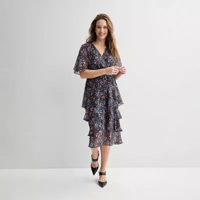 Women's Sandra Darren Surplice Flutter Tiered Midi Dress