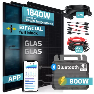 SUNNIVA® 1840W Balkonkraftwerk BIFAZIAL FULLBLACK komplett Steckdose MARSTEK 800 Watt Wechselrichter, Solaranlage Komplettset, 4x460W N-Type Glas-Glas Bifacial Solarmodule, 5m Kabel, 4x2.5m Solarkabel
