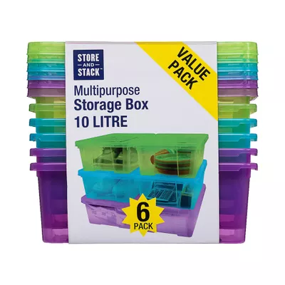 Coloured Storage Box With Lid 10L 6pk