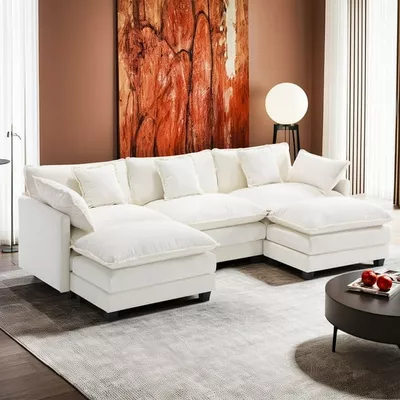 BedLuxury 111.5'' Modular Sectional Sofa with Movable Ottomans, U Shaped Cloud Couch for Living Room, 3-Seat, Beige