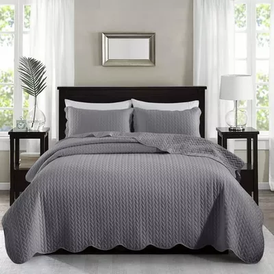 IR Imperial Rooms 3-Piece Quilt Set, Chevron Pattern Microfiber Soft Embossed Bedspread with 2 Pillow Shams, Queen, Gray