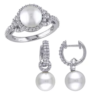 Stella Grace Sterling Silver Freshwater Cultured Pearl & Cubic Zirconia Ring & Earring Set