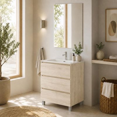 CONJUNTO MUEBLE DE BAÑO 60CM ROBLE NATURAL 2 CAJONES