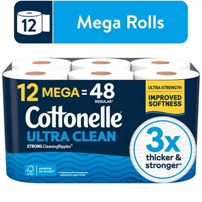 Cottonelle Ultra Clean Toilet Paper, Strong Toilet Tissue, 12 Mega Rolls