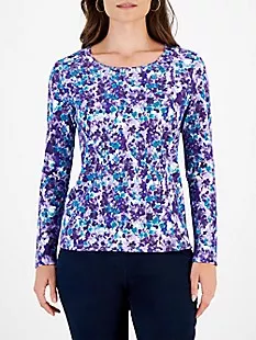 Petal-Print Long-Sleeve Scoopneck Top