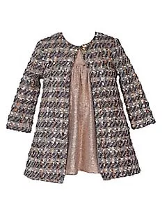 Little Girl's 2-Piece Foil Knit Dress & Sparkle Tweed Coat Set