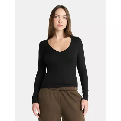 No Boundaries V-Neck Ribbed Top with Long Sleeves, Women’s