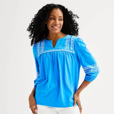 Women's Croft & Barrow® 3/4-Sleeve Embroidered Top