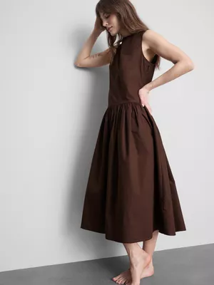 Vestido midi de popelina de algodón con cintura baja
