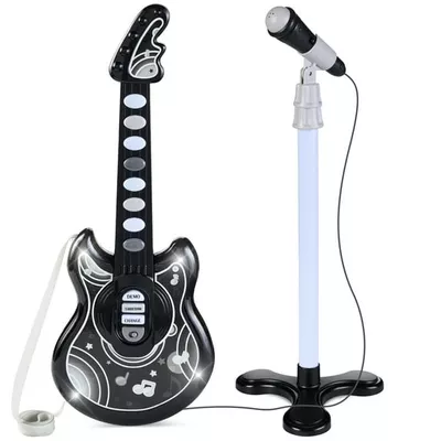 Best Choice Products 19in Kids Flash Guitar, Pretend Play Musical Instrument Toy for Toddlers w/ Mic, Stand - Black
