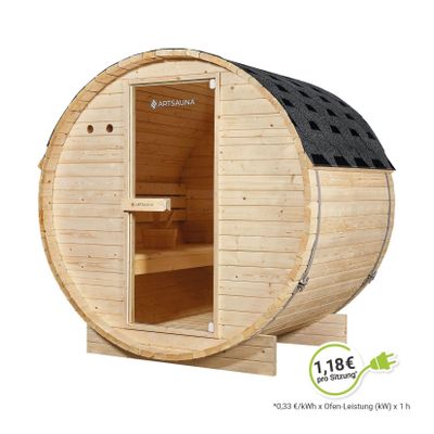 Artsauna Fasssauna Spitzbergen 120 - 2 Personen, 3,6 kW Ofen, Zubehör - Fichtenholz Sauna