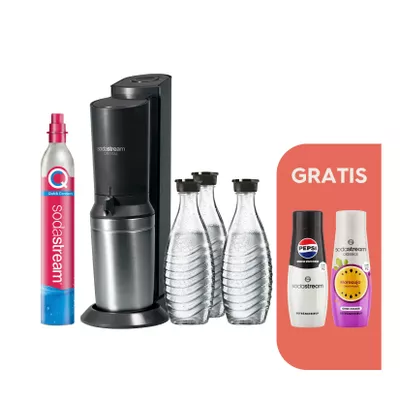 CRYSTAL 3.0 Wassersprudler titan, Bundle inkl. 3x Glasflasche, 1x Sodastream Maracuja ohne Zucker Sirup, 1x Pepsi Zero Zucker Sirup, 1x Quick-Connect Zylinder