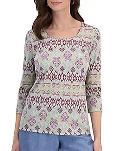 Ikat-Print Three-Quarter-Sleeve Top