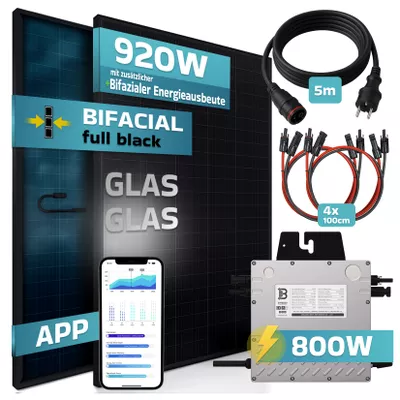 SUNNIVA® 920W Balkonkraftwerk BIFAZIAL FULLBLACK komplett Steckdose Beny 800 Watt Wechselrichter, PV Solaranlage Komplettset, 2x 460W N-Type Glas-Glas Bifacial Solarmodule, 5m Kabel & 4x 1m Solarkabel