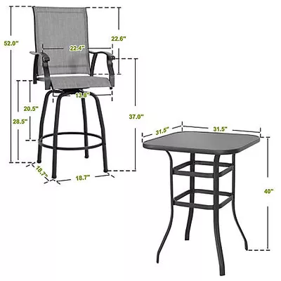 Nuu Garden Outdoor 3 pc. Textilene Bar Set, Swivel Bar Stools And Bar Table