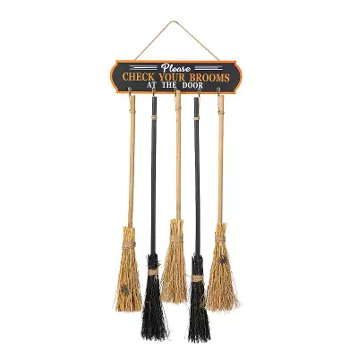 Glitzhome 42"H Brooms Parking Porch Decor, Halloween Wooden Hanging Wall Decor