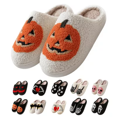 BERANMEY Cute Halloween Slippers for Women Perfect Soft Plush Comfy Warm Slip-On Halloween Pumpkin Bat Slippers fo Women Indoor Fluffy House Slippers for Women and Men Non-slip Fuzzy Flat Slides