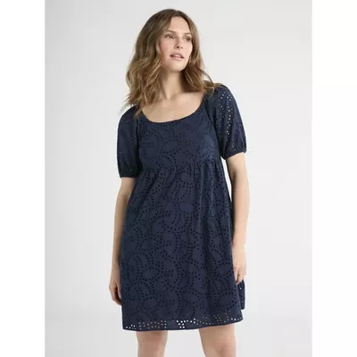 Time and Tru Women's Eyelet Dress with Puff Sleeves, Sizes XS-XXXL