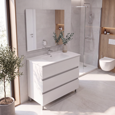 PACK MUEBLE DE BAÑO CON ENCIMERA Y ESPEJO 100CM BLANCO BOSTON