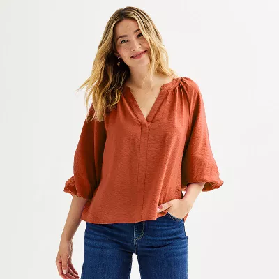 Women's Sonoma Goods For Life® Shirred Balloon Sleeve Y-Neck Top