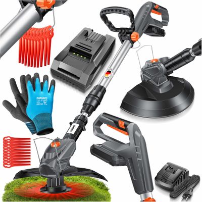MASKO® Akku-Rasentrimmer mit 20 V Li-Akku, 2,0 Ah Akku und Ladegerät, Motorsense 26 cm Schnittkreis, 180° Trimmwinkel, Teleskop-Stiel & Zusatzhandgriff, inkl. 20 Messer Kunststoffklinge