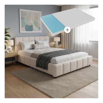 Juskys Polsterbett Florenz mit Matratze - Bubble Design, gepolstertes Kopfteil, Bouclé - 140 x 200 cm - Creme