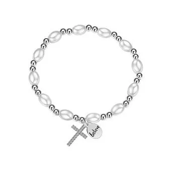 Gratitude & Grace Crystal & Simulated Pearl "Believe" Stretch Bracelet