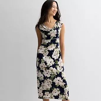 Women's Studio Connection Printed Cap Sleeve Drape Neck Midi Dress