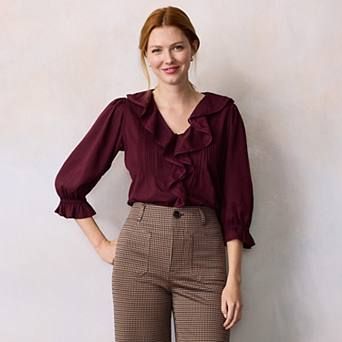 Women's LC Lauren Conrad V-Neck Long Sleeve Cascading Ruffle Front Top