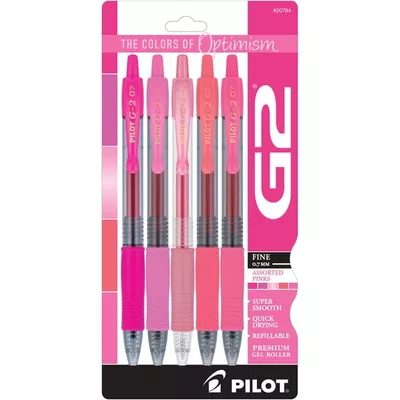 Pilot G2 Retractable Gel Pens, Pink Premium, 0.7mm Fine Point, Assorted Colors, 5 Count