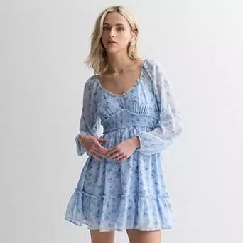 Juniors' Mary & Mo Long Sleeve Smocked Waist Chiffon Dress