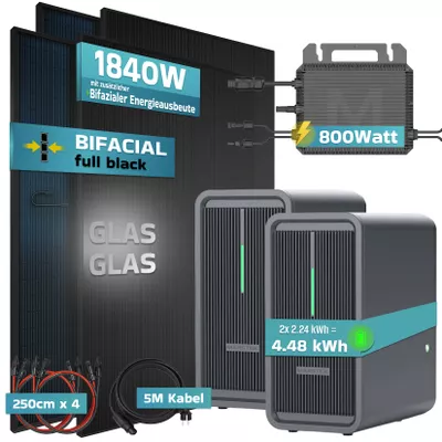 SUNNIVA® 1840W Balkonkraftwerk mit 4.48 kWh Speicher Marstek 2x B2500-D, BIFAZIAL FULLBLACK komplett Steckdose, PV Solaranlage Komplettset mit Solarspeicher, 4x 460W N-Type Glas-Glas Bifacial Module
