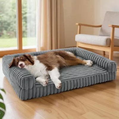 U By Bedsure ComfyFleece Orthopedic Large Dog Bed, Waterproof Egg-Crate Foam Pet Couch Sofa with Sides, Non-Slip Base, and Washable Corduroy Cover, Grey