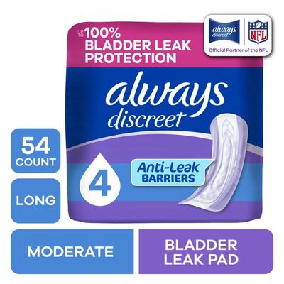 Always Discreet Incontinence Pads for Women, Moderate Absorbency, Long Length, Postpartum Pads, 54 Count