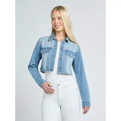 Madden NYC Women’s Cropped Denim Jacket with Rhinestones, Sizes XXS-XXL