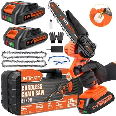 UNTIMATY 6" Mini Chainsaw with 2 Batteries 2 Chains, 6-Inch Cordless Handheld Chain Saw for Wood Cutting Tree Trimming