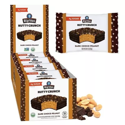Rip Van Nutty Crunch Dark Chocolate Peanut Butter Wafers - Low Sugar Baked Snacks - 16 pack